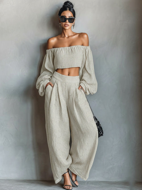 Women Spring Clothing off Shoulder Short Top Wide Leg Pants Set .Ships