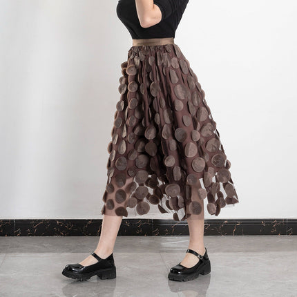 Three Dimensional Patch Stitching Mesh Women Midi Skirt