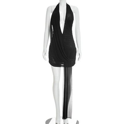 Women Clothing Summer Solid Color Sexy Mesh Draped Deep V Plunge neck