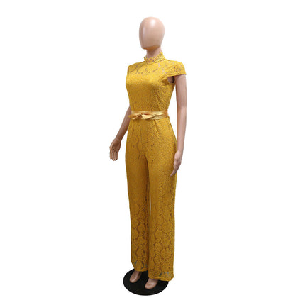 Round Neck Short Sleeve Lace Jumpsuit Wide Leg Pants Women Solid Color