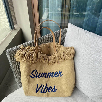 Large capacity canvas tote bag with embroidered letters, handbag for