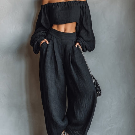 Women Spring Clothing off Shoulder Short Top Wide Leg Pants Set .Ships