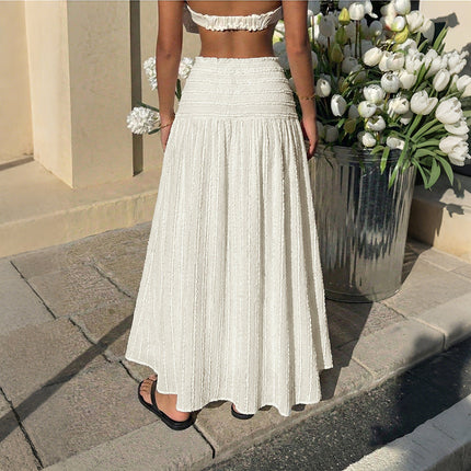 Vacation Large Swing Elastic Waist Solid Color Texture Skirt .Ships
