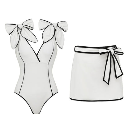 Swimsuit Black White Color Matching Sweet Girl Bow Swimsuit Women