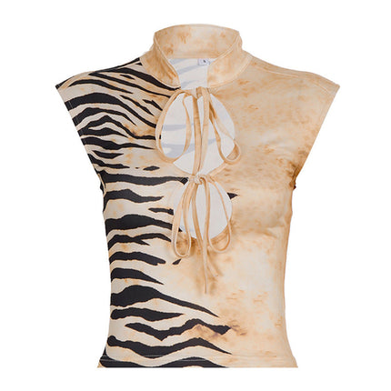 Personalized Hollow Out Cutout out Tied Stand Collar Top Women Animal