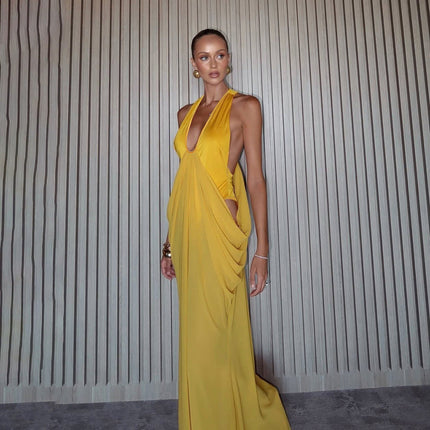 Spring Women Design Deep V Plunge Sexy Pleated Waist Tight Dress