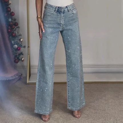 25 Edition – Women’s High Waist Straight Street Jeans with Glitter