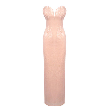 Women Light Pink Sequined Tube Top Dress Slim Fit Vacation Dress Beach