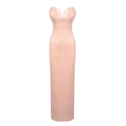 Women Light Pink Sequined Tube Top Dress Slim Fit Vacation Dress Beach