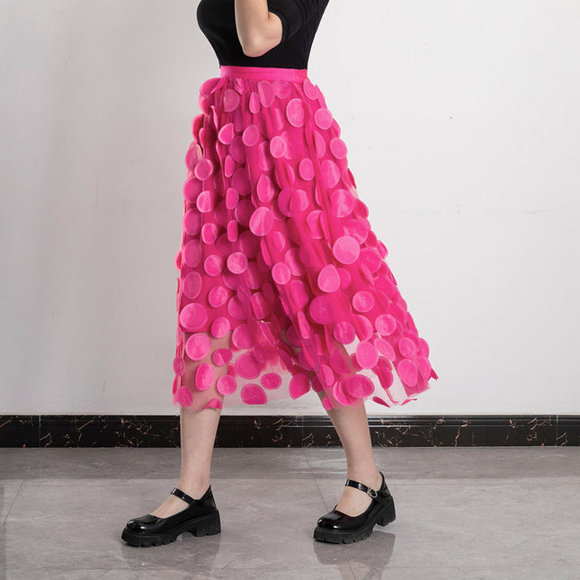Three Dimensional Patch Stitching Mesh Women Midi Skirt