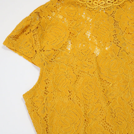 Round Neck Short Sleeve Lace Jumpsuit Wide Leg Pants Women Solid Color