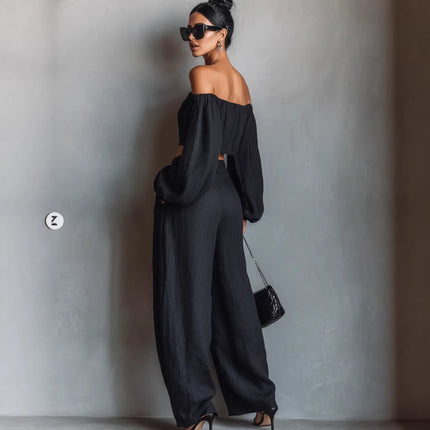 Women Spring Clothing off Shoulder Short Top Wide Leg Pants Set .Ships