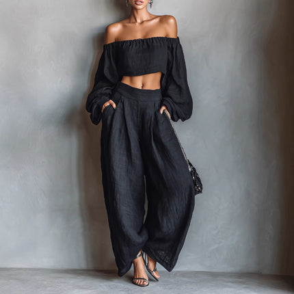 Women Spring Clothing off Shoulder Short Top Wide Leg Pants Set .Ships