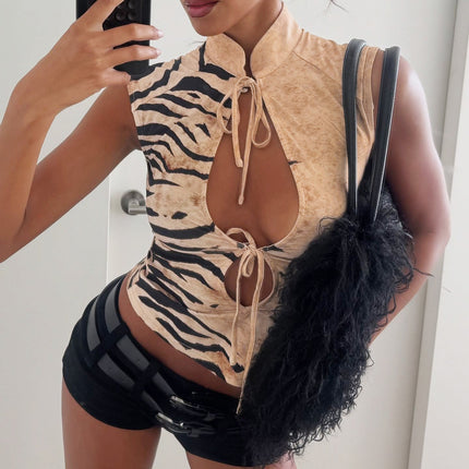 Personalized Hollow Out Cutout out Tied Stand Collar Top Women Animal