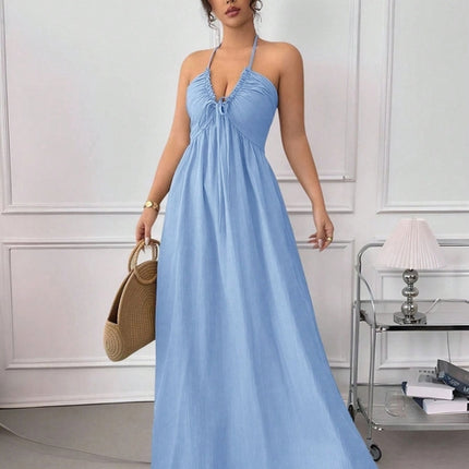 Summer Blue Halter Backless Dress Lace up Waist Slimming Seaside