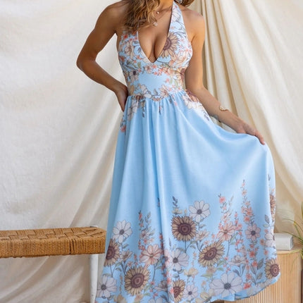 Summer Positioning Elegant Sunflower Printed V neck Waist Controlled