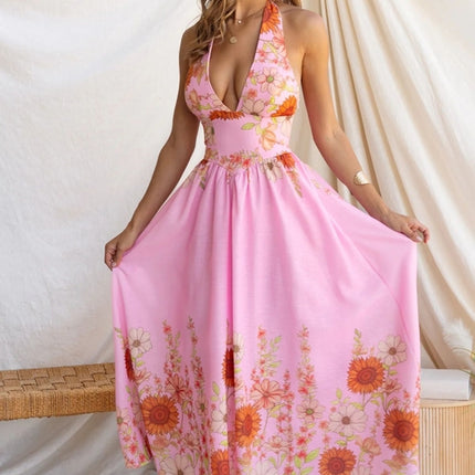 Summer Positioning Elegant Sunflower Printed V neck Waist Controlled