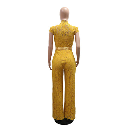 Round Neck Short Sleeve Lace Jumpsuit Wide Leg Pants Women Solid Color
