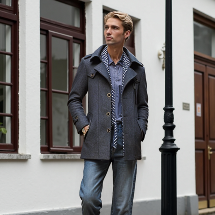 Mens Layered Collar Button Front Mid Length Coat