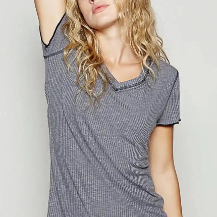 POL V-Neck Short Sleeve Ribbed T-Shirt with Contrast Overlock