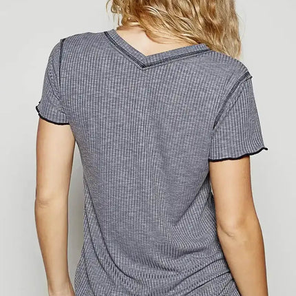 POL V-Neck Short Sleeve Ribbed T-Shirt with Contrast Overlock