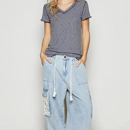 POL V-Neck Short Sleeve Ribbed T-Shirt with Contrast Overlock