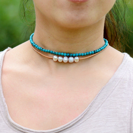 Pearl Choker Freshwater Pearls Natural Leather