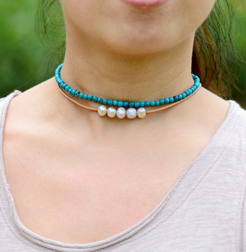 Pearl Choker Freshwater Pearls Natural Leather
