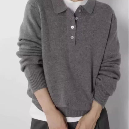 Elegant POLO semi-open neck 100%wool knitted sweater women loose