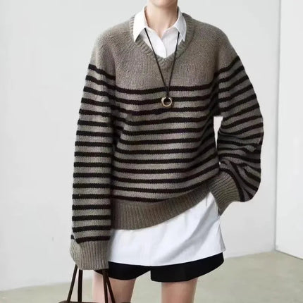 High-end V-neck striped 100% wool knitted sweater loose pullover