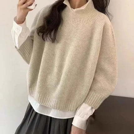 Half-open high-neck three-quarter sleeve cashmere sweater women loose
