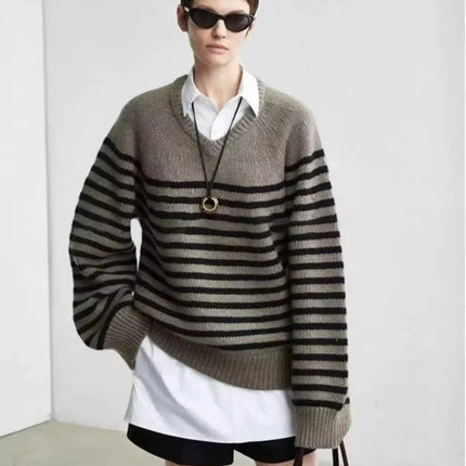 High-end V-neck striped 100% wool knitted sweater loose pullover