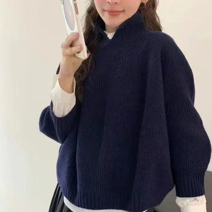 Half-open high-neck three-quarter sleeve cashmere sweater women loose