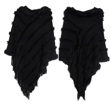 Women Winter Knit Hooded Poncho Cape Lady Spring Fringed Shawl Wrap