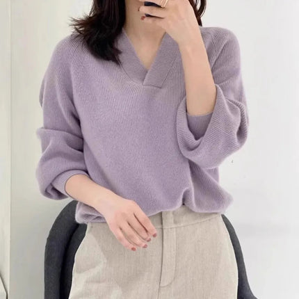 V-neck pure cashmere sweater women autumn and winter loose and