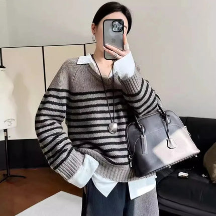High-end V-neck striped 100% wool knitted sweater loose pullover