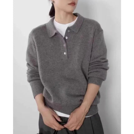 Elegant POLO semi-open neck 100%wool knitted sweater women loose