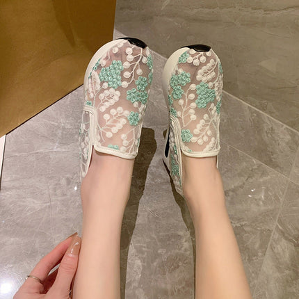 Fashion Loafers Ladies Breathable Lace Mesh Flower Summer Comfy Flats