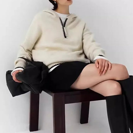 High-end half-zipper hooded 100% cashmere knitted sweater women loose