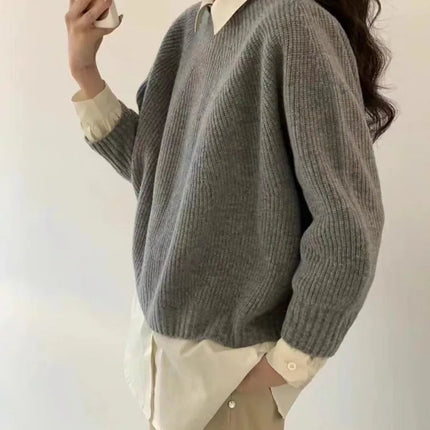 Half-open high-neck three-quarter sleeve cashmere sweater women loose