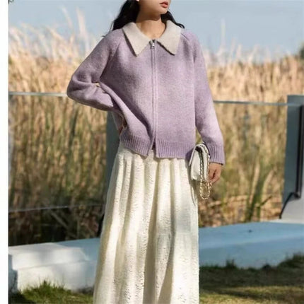 Color-blocked lapel 100% cashmere cardigan women's knitted sweater