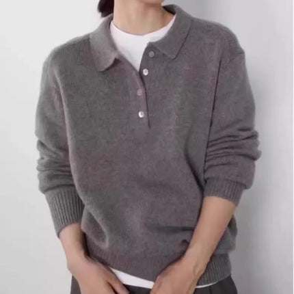 Elegant POLO semi-open neck 100%wool knitted sweater women loose