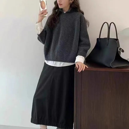 Half-open high-neck three-quarter sleeve cashmere sweater women loose