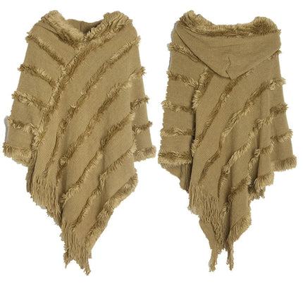 Women Winter Knit Hooded Poncho Cape Lady Spring Fringed Shawl Wrap