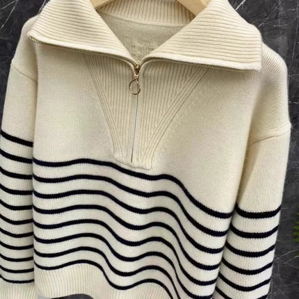 Autumn/Winter new classic striped zipper turtleneck + lapel 100%