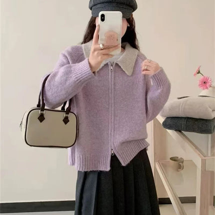 Color-blocked lapel 100% cashmere cardigan women's knitted sweater
