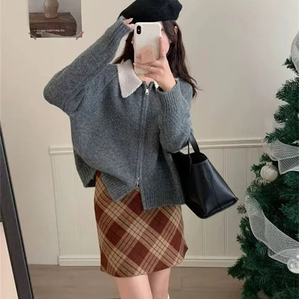 Color-blocked lapel 100% cashmere cardigan women's knitted sweater