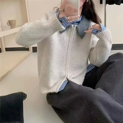 Color-blocked lapel 100% cashmere cardigan women's knitted sweater