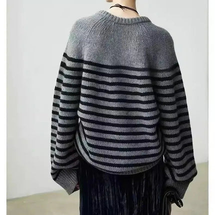 High-end V-neck striped 100% wool knitted sweater loose pullover
