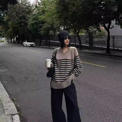 High-end V-neck striped 100% wool knitted sweater loose pullover